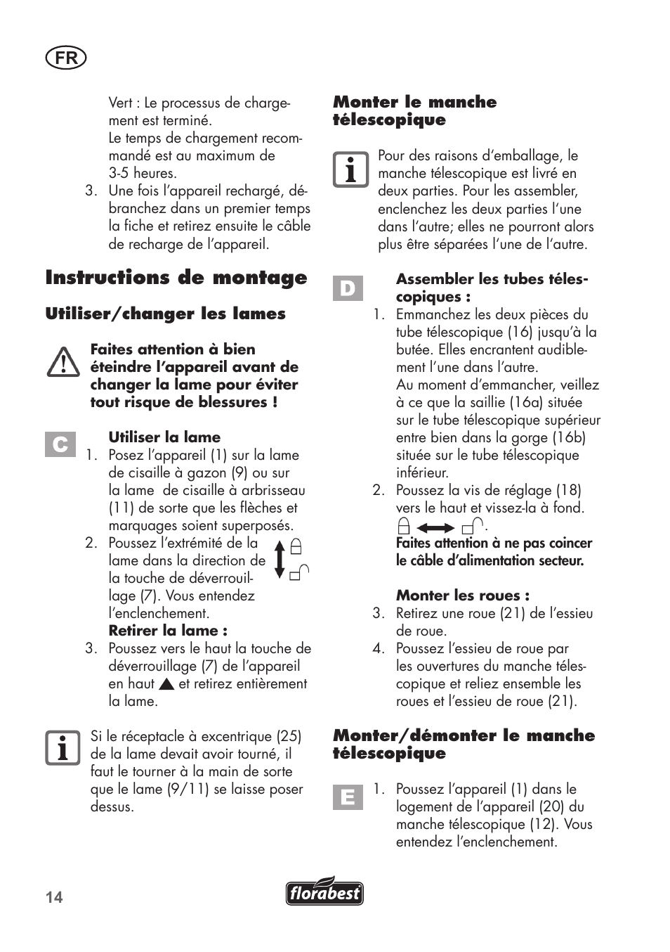 Instructions de montage | Florabest FGS 72 A1 User Manual | Page 14 / 58