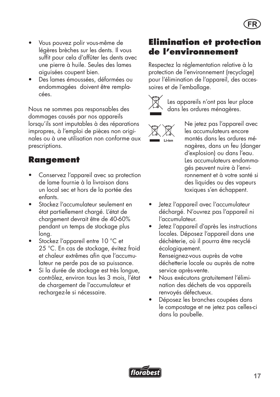 Rangement, Elimination et protection de l’environnement | Florabest FGS 72 A1 User Manual | Page 17 / 58