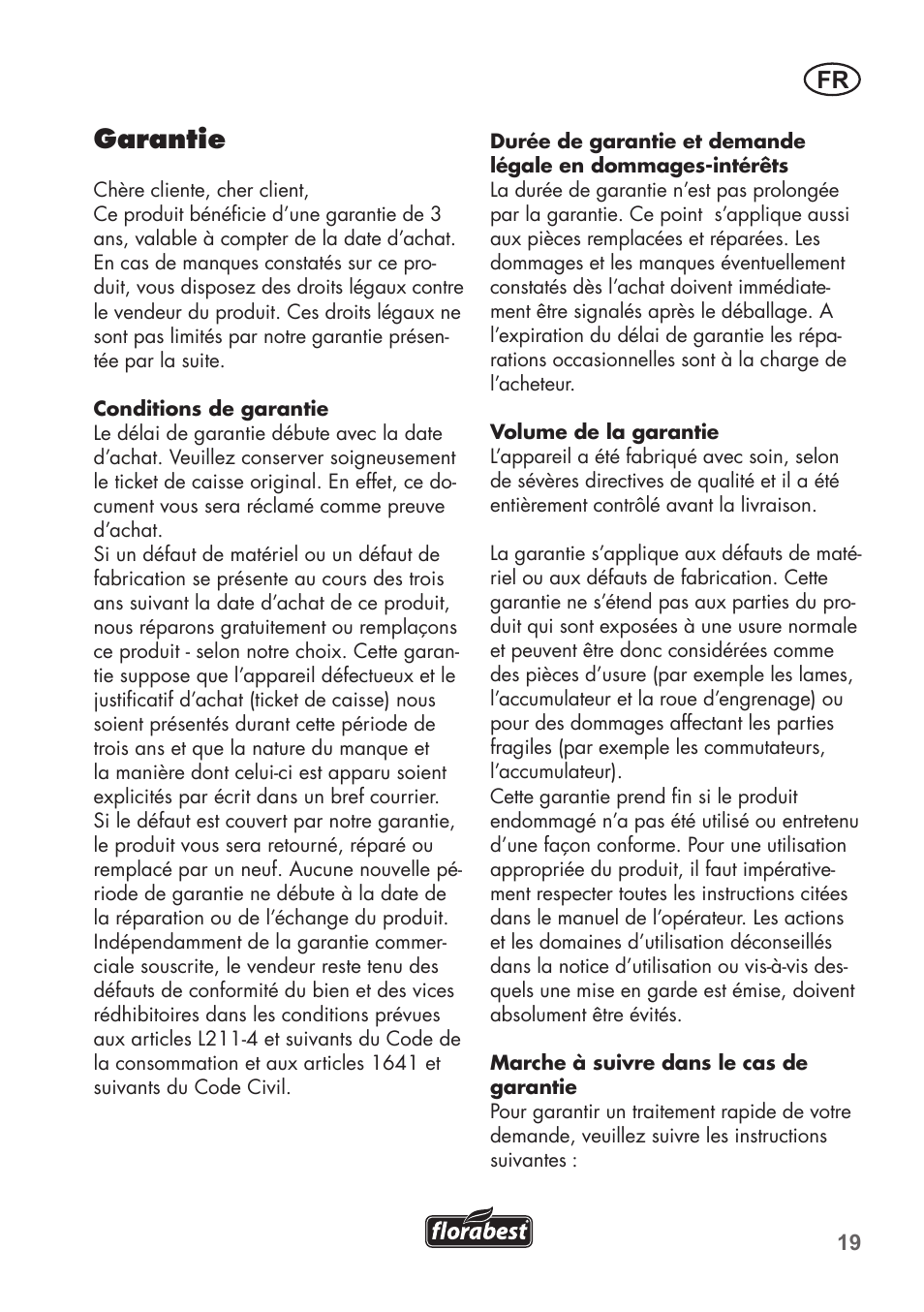 Garantie | Florabest FGS 72 A1 User Manual | Page 19 / 58