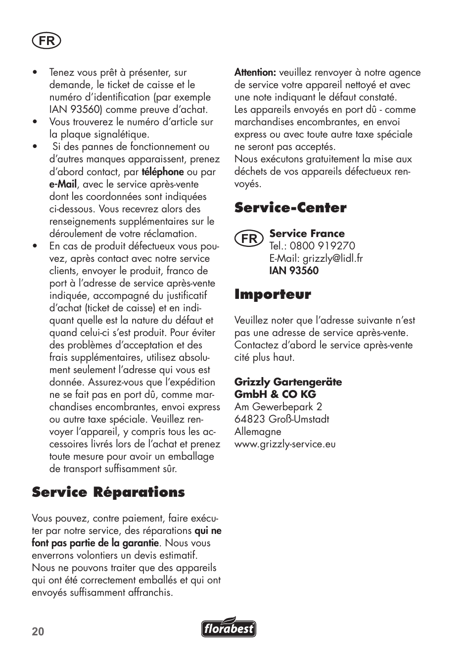 Service réparations, Service-center, Importeur | Florabest FGS 72 A1 User Manual | Page 20 / 58