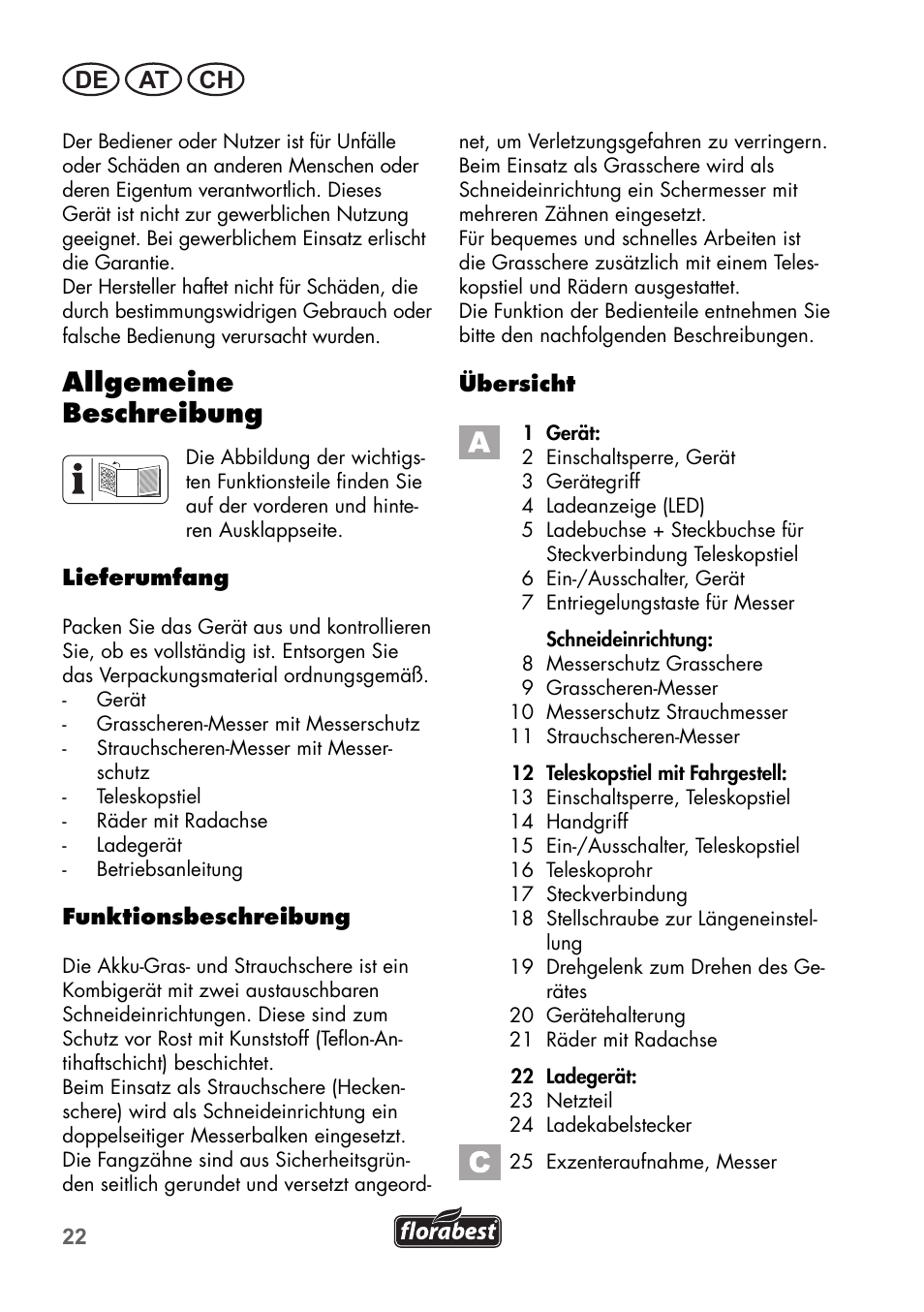 Allgemeine beschreibung, De at ch | Florabest FGS 72 A1 User Manual | Page 22 / 58