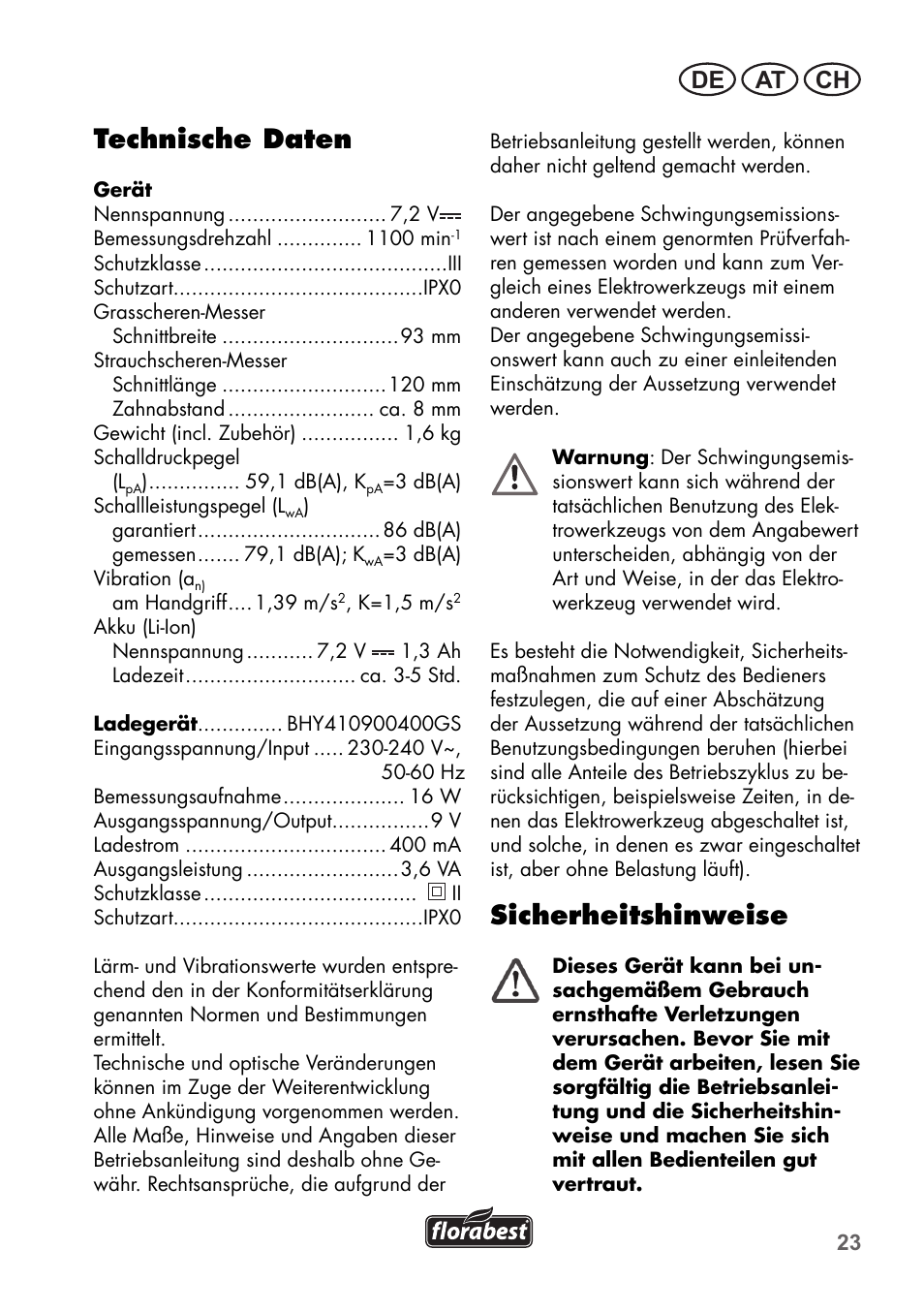 Technische daten, Sicherheitshinweise, De at ch | Florabest FGS 72 A1 User Manual | Page 23 / 58