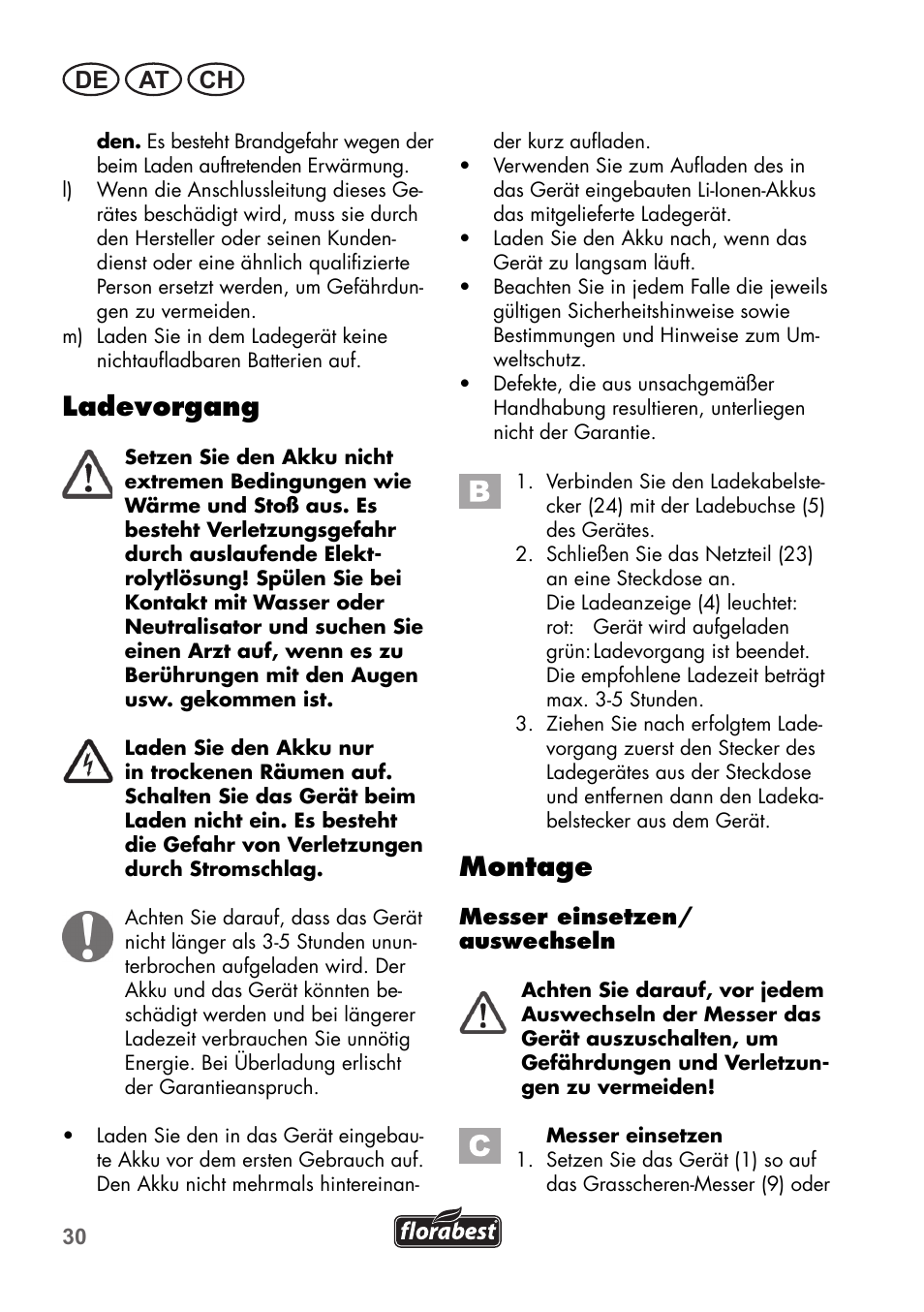 Ladevorgang, Montage, De at ch | Florabest FGS 72 A1 User Manual | Page 30 / 58