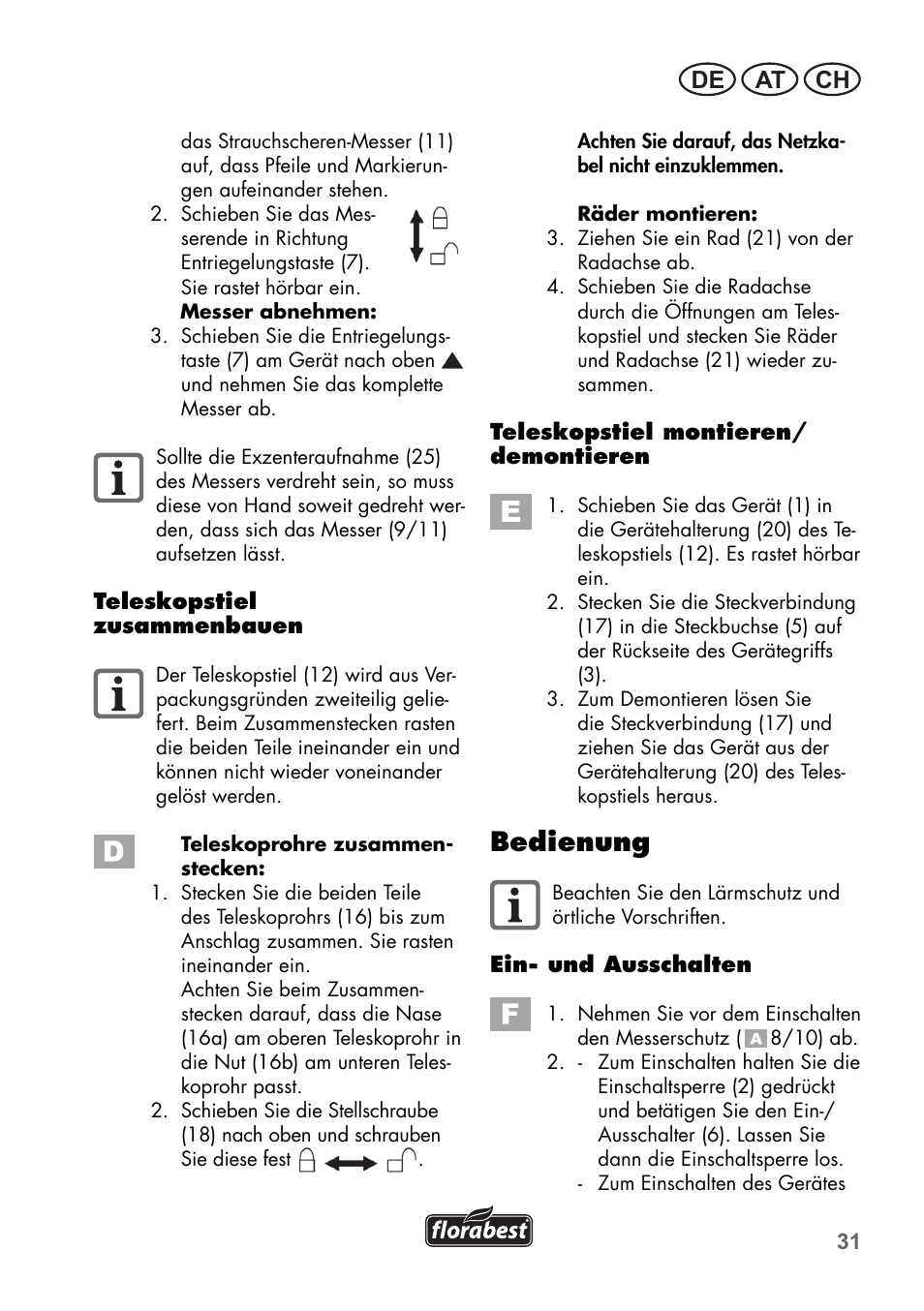 Bedienung, De at ch | Florabest FGS 72 A1 User Manual | Page 31 / 58