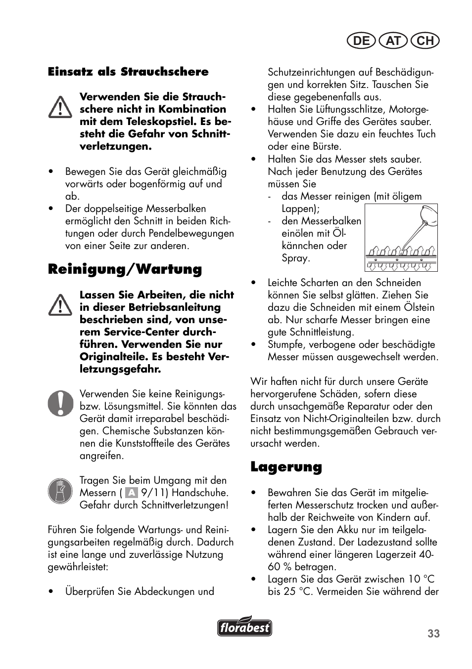 Reinigung/wartung, Lagerung, De at ch | Florabest FGS 72 A1 User Manual | Page 33 / 58