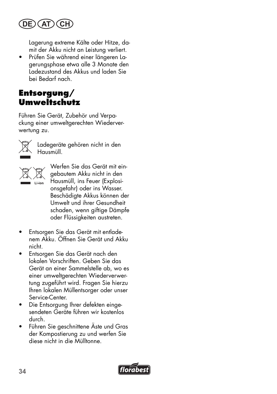 Entsorgung/ umweltschutz, De at ch | Florabest FGS 72 A1 User Manual | Page 34 / 58