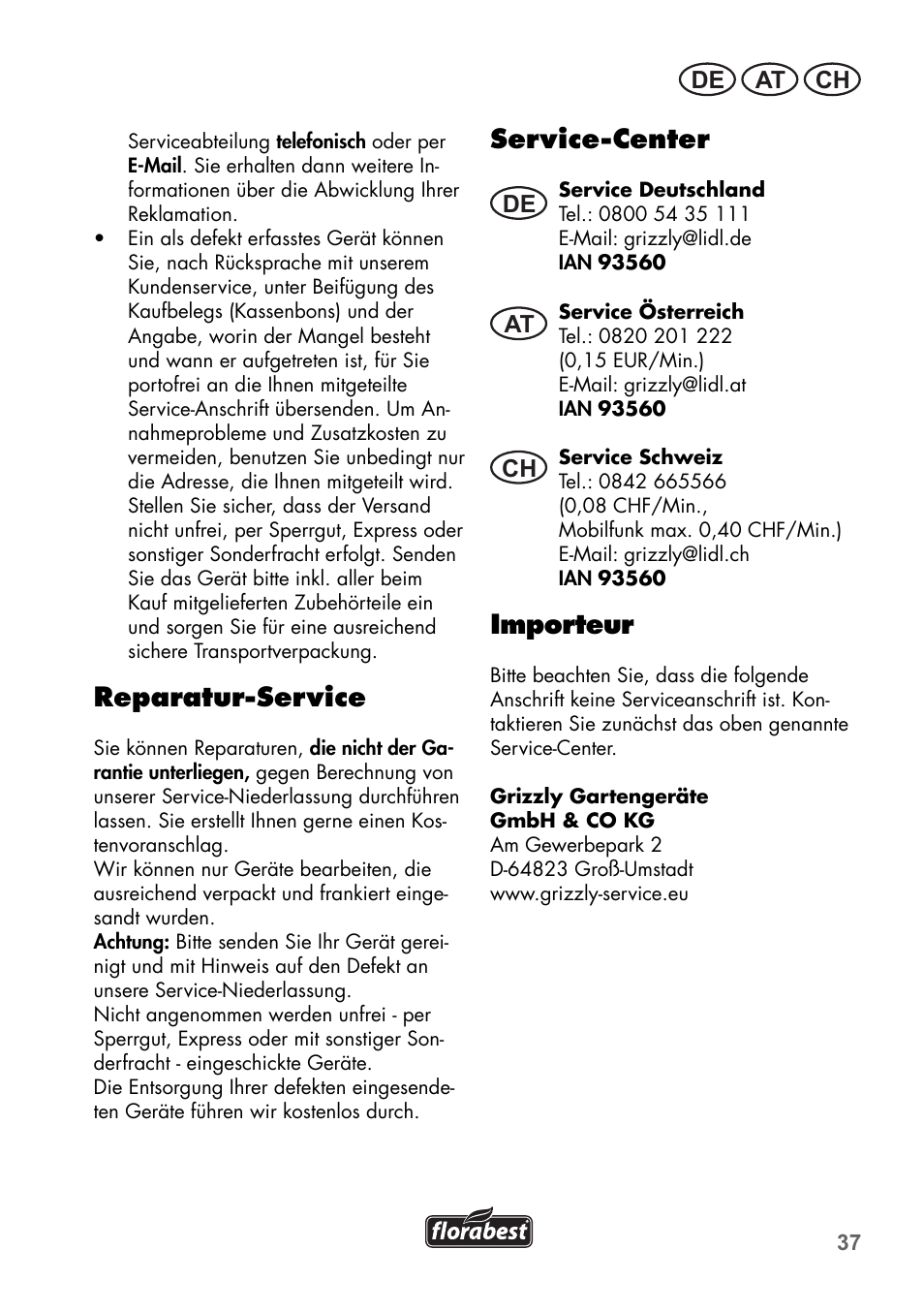 Reparatur-service, Service-center, Importeur | De at ch | Florabest FGS 72 A1 User Manual | Page 37 / 58