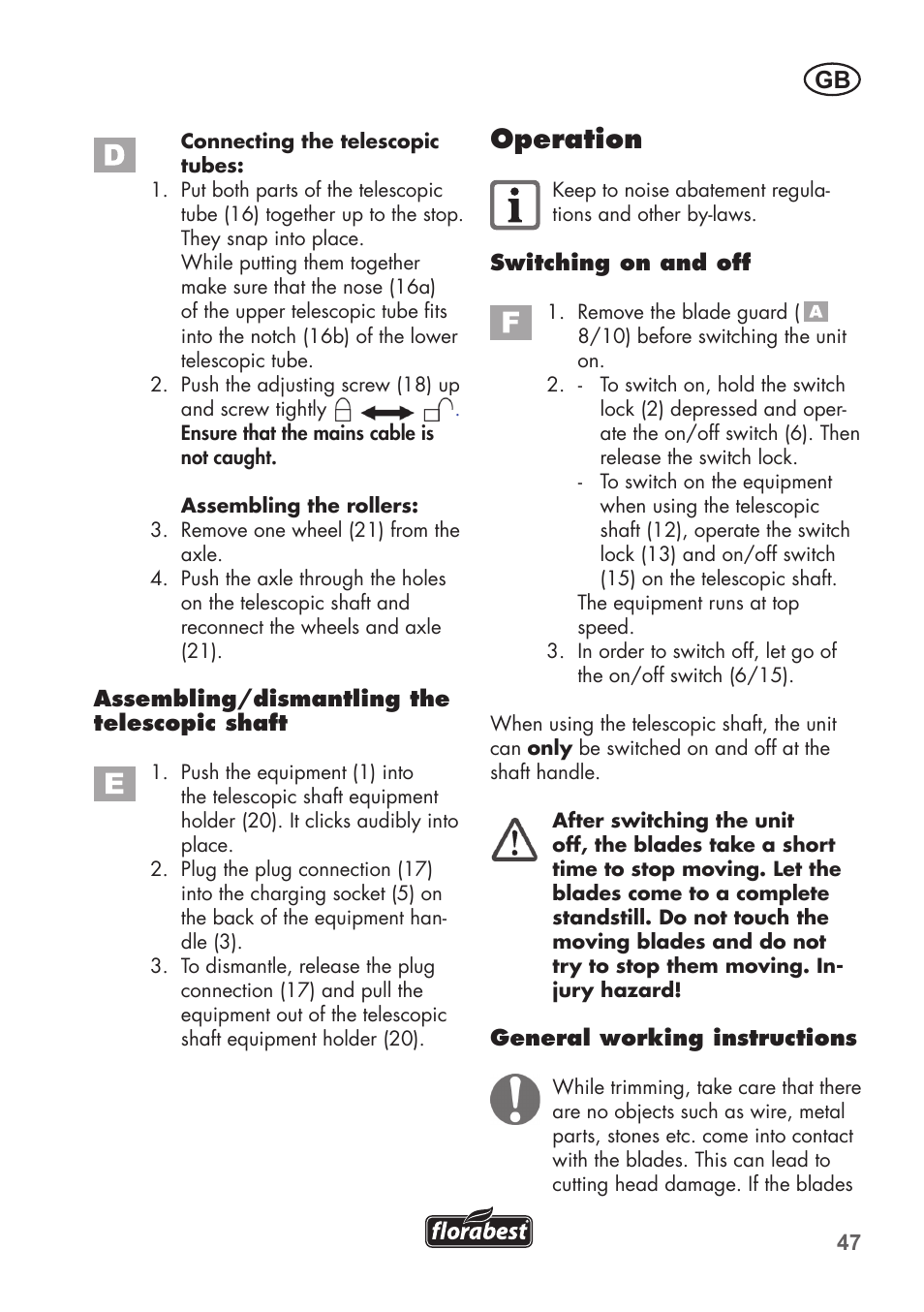 Operation | Florabest FGS 72 A1 User Manual | Page 47 / 58