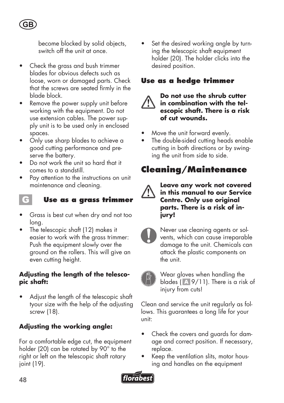 Cleaning/maintenance | Florabest FGS 72 A1 User Manual | Page 48 / 58