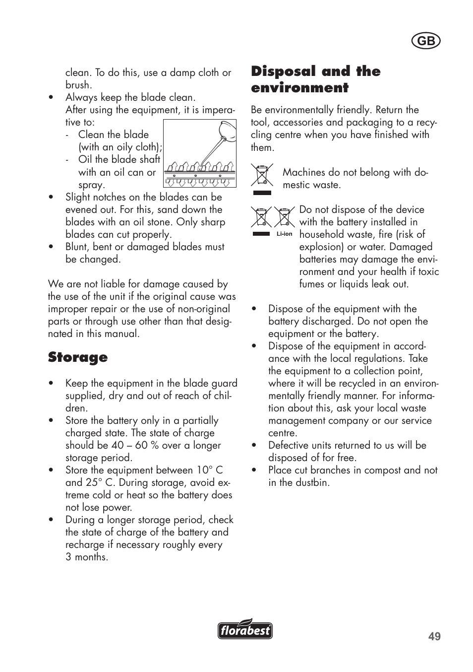 Storage, Disposal and the environment | Florabest FGS 72 A1 User Manual | Page 49 / 58