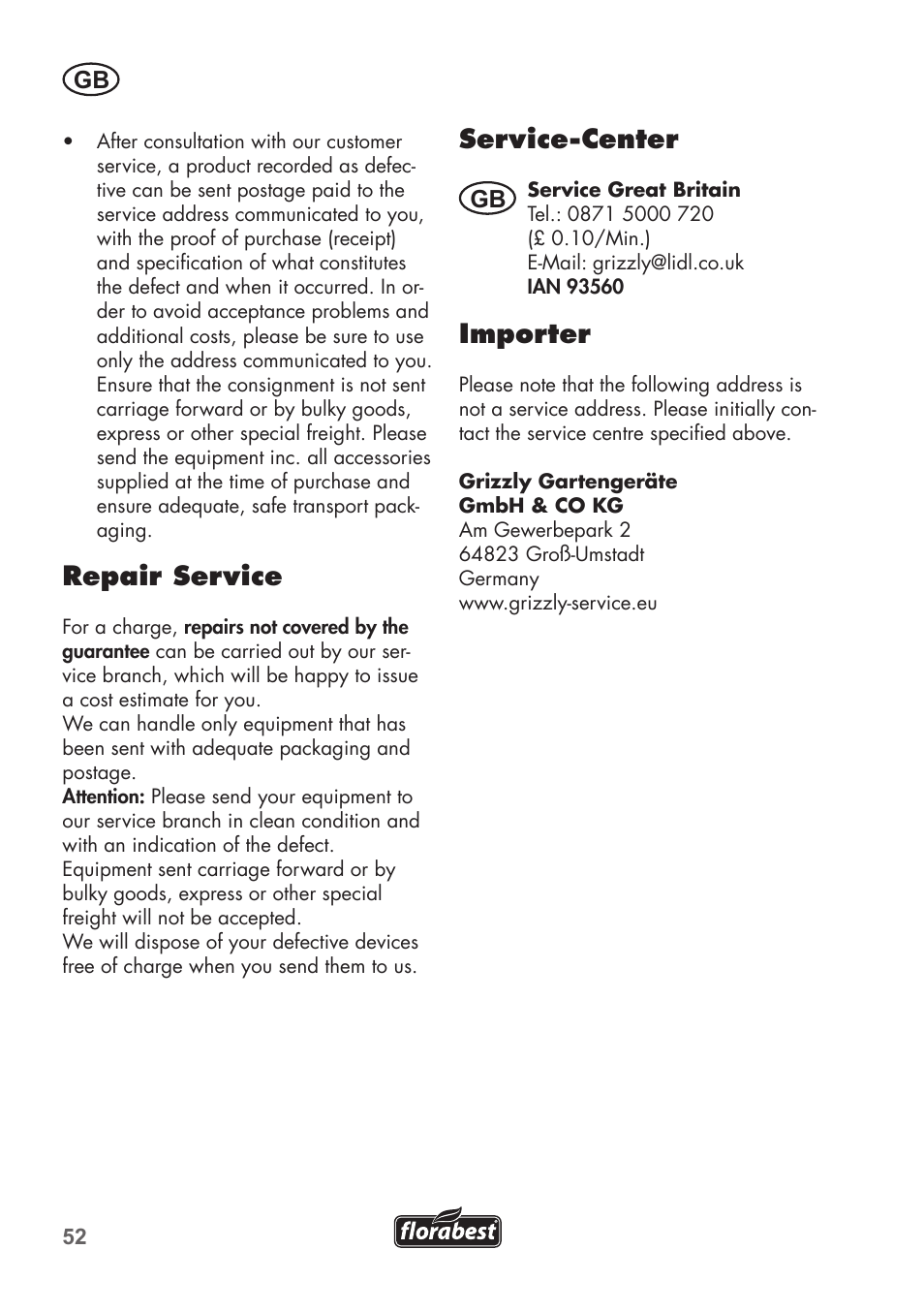 Repair service, Service-center, Importer | Florabest FGS 72 A1 User Manual | Page 52 / 58