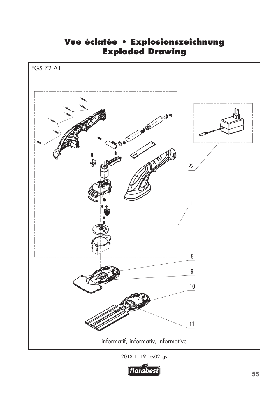 Vue éclatée • explosionszeichnung exploded drawing | Florabest FGS 72 A1 User Manual | Page 55 / 58