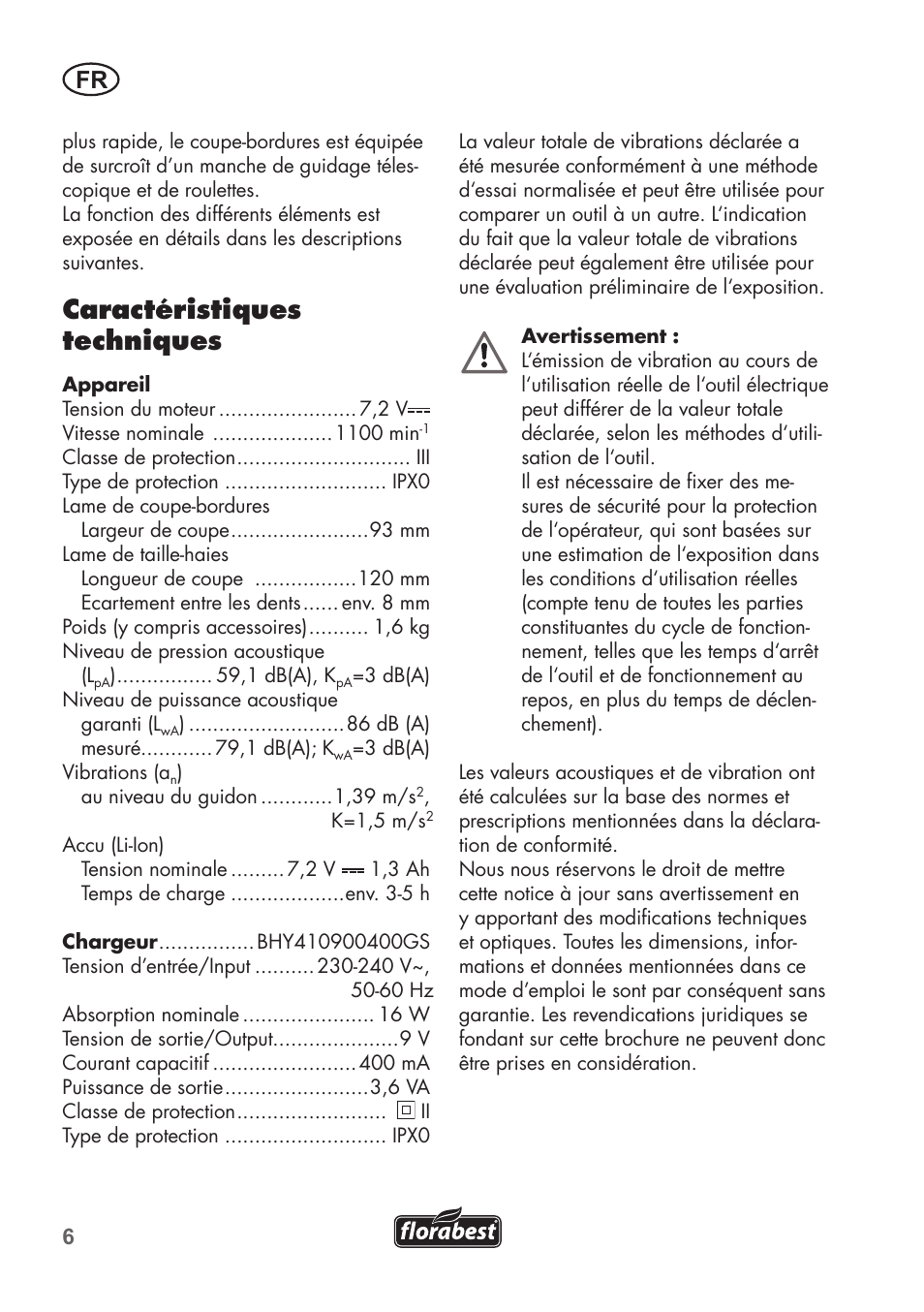 Caractéristiques techniques | Florabest FGS 72 A1 User Manual | Page 6 / 58