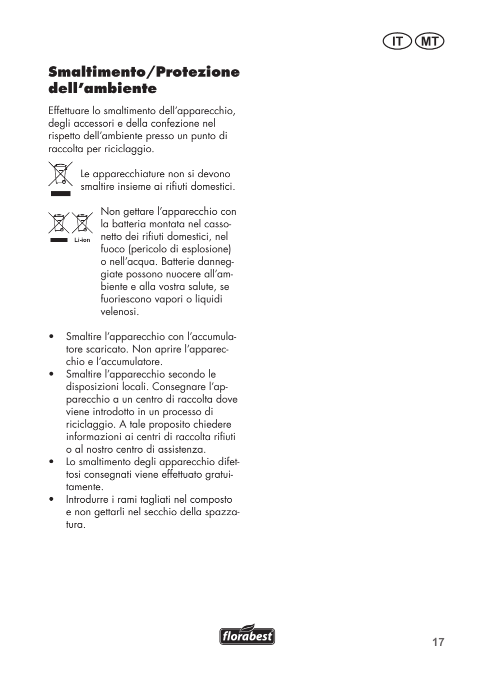 Smaltimento/protezione dell’ambiente, It mt | Florabest FGS 72 A1 User Manual | Page 17 / 58