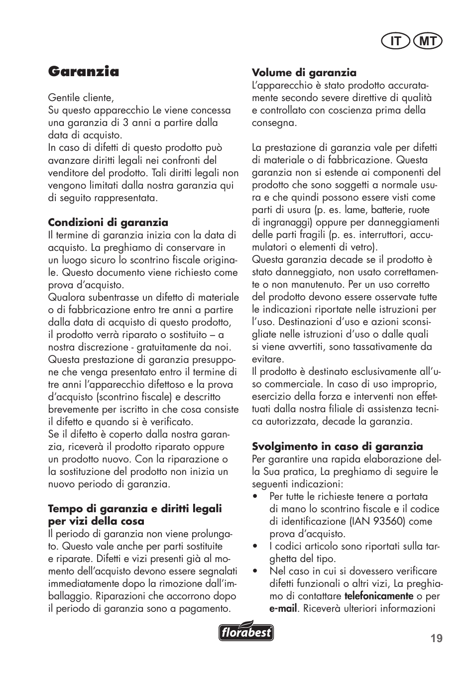 Garanzia, It mt | Florabest FGS 72 A1 User Manual | Page 19 / 58