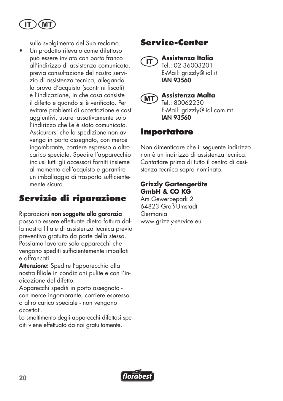 Servizio di riparazione, Service-center, Importatore | It mt | Florabest FGS 72 A1 User Manual | Page 20 / 58