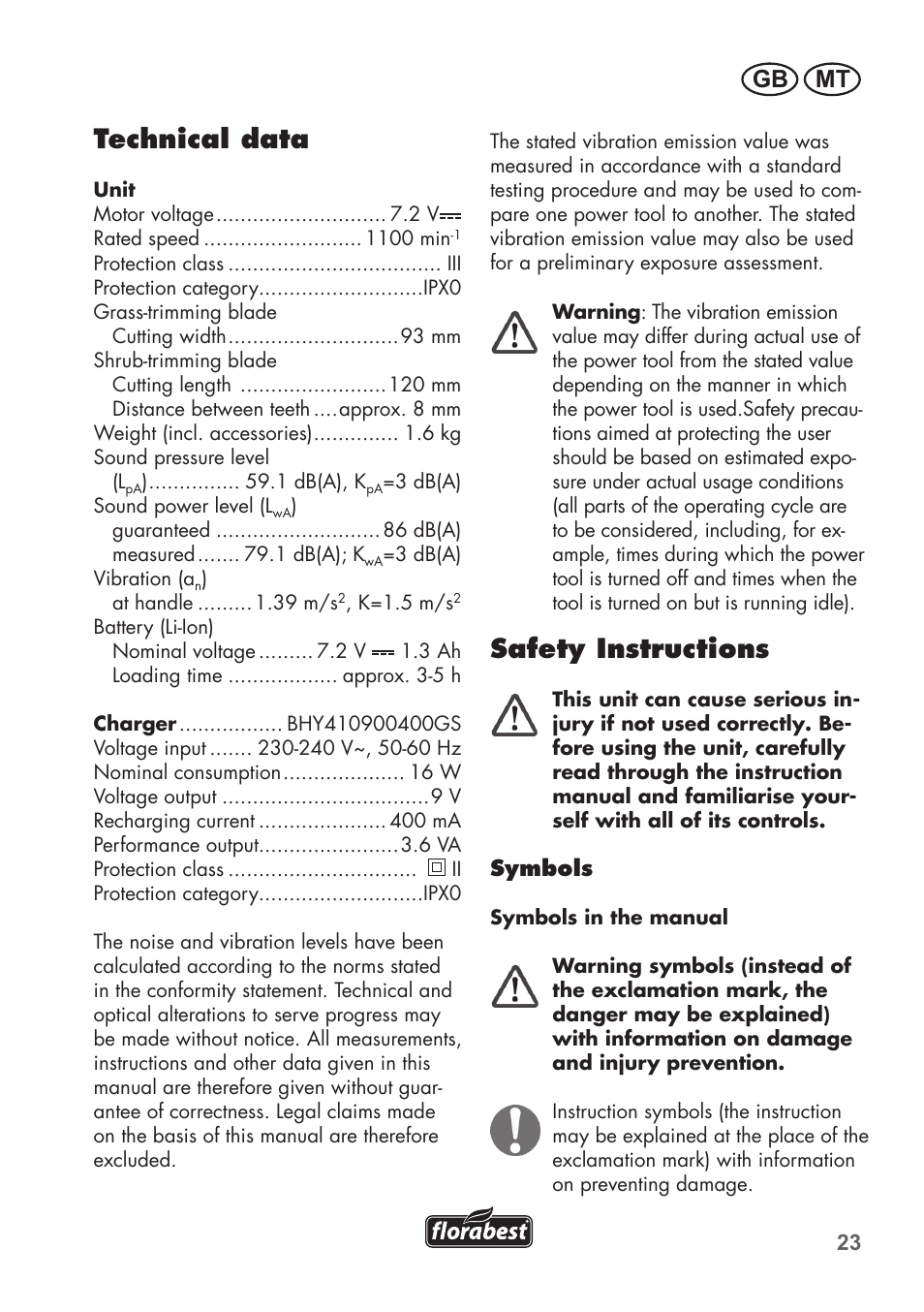 Technical data, Safety instructions, Gb mt | Florabest FGS 72 A1 User Manual | Page 23 / 58