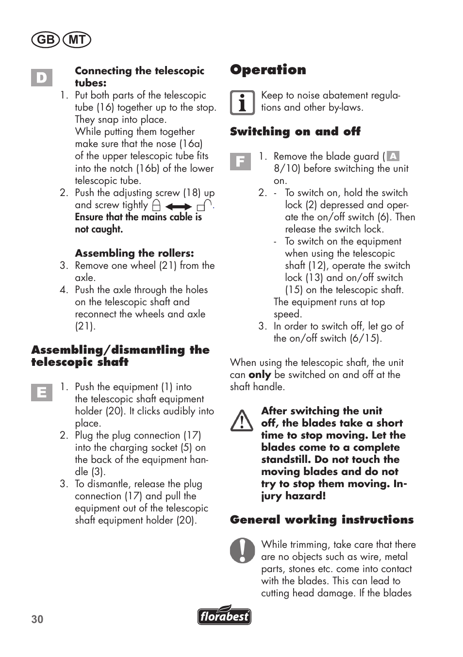 Operation, Gb mt | Florabest FGS 72 A1 User Manual | Page 30 / 58