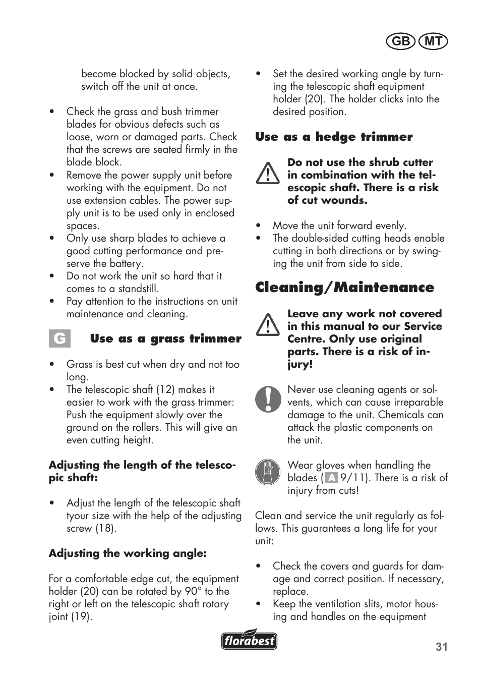 Cleaning/maintenance, Gb mt | Florabest FGS 72 A1 User Manual | Page 31 / 58