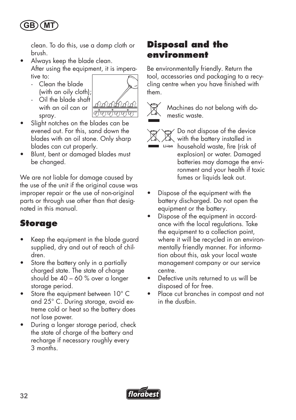 Storage, Disposal and the environment, Gb mt | Florabest FGS 72 A1 User Manual | Page 32 / 58