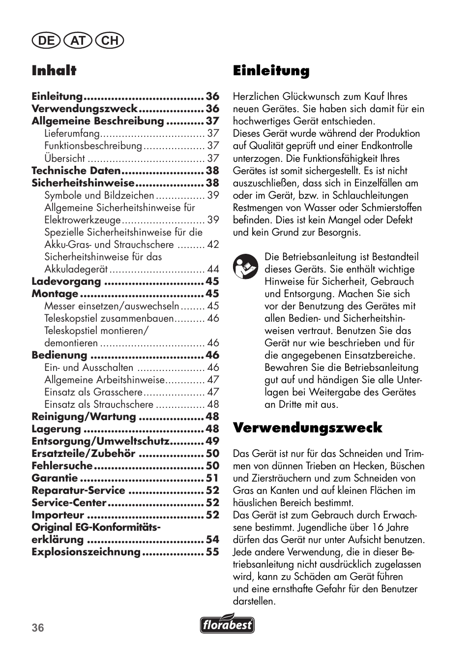 Einleitung, Verwendungszweck, Inhalt | De at ch | Florabest FGS 72 A1 User Manual | Page 36 / 58