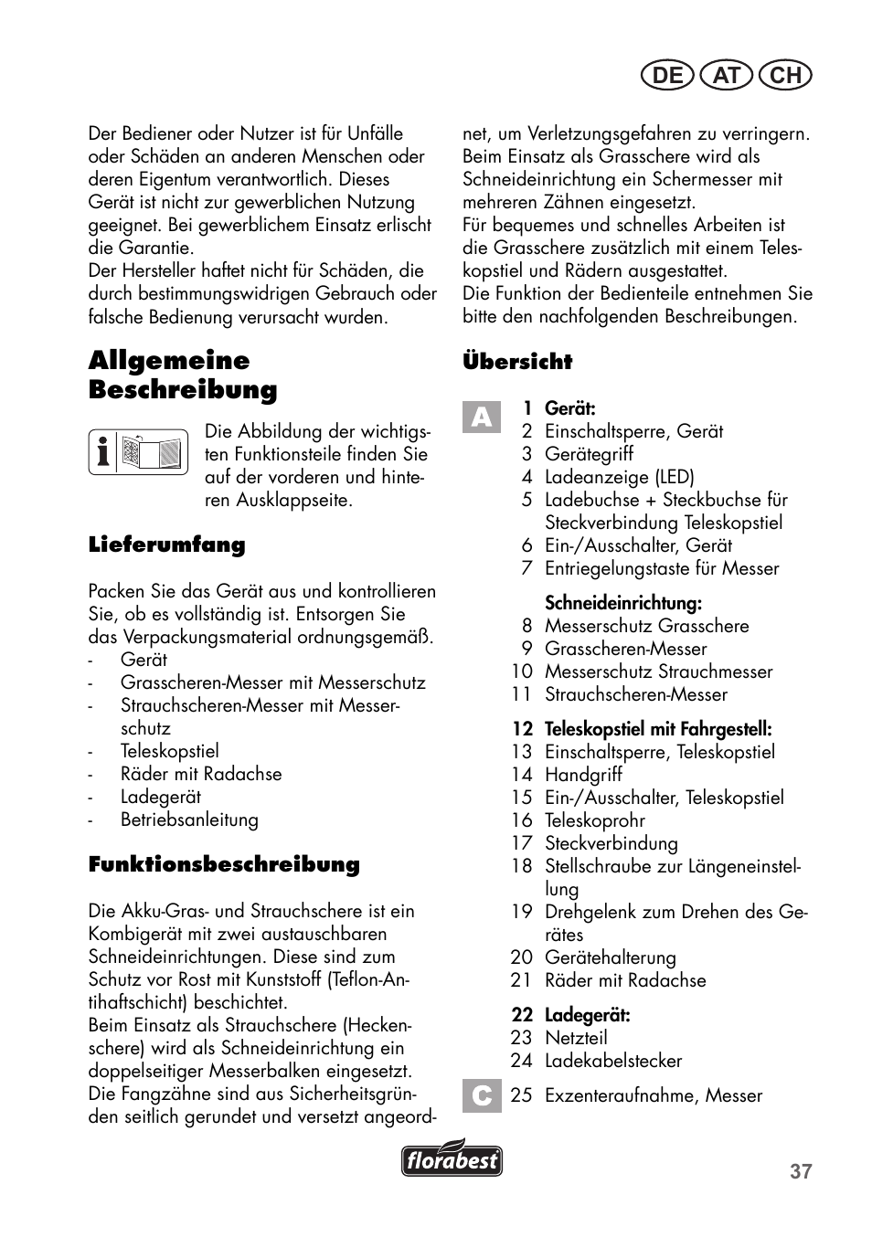 Allgemeine beschreibung, De at ch | Florabest FGS 72 A1 User Manual | Page 37 / 58