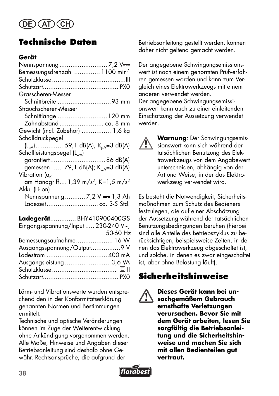 Technische daten, Sicherheitshinweise, De at ch | Florabest FGS 72 A1 User Manual | Page 38 / 58