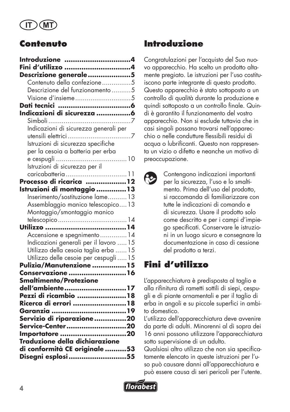 Introduzione, Fini d’utilizzo, Contenuto | It mt | Florabest FGS 72 A1 User Manual | Page 4 / 58