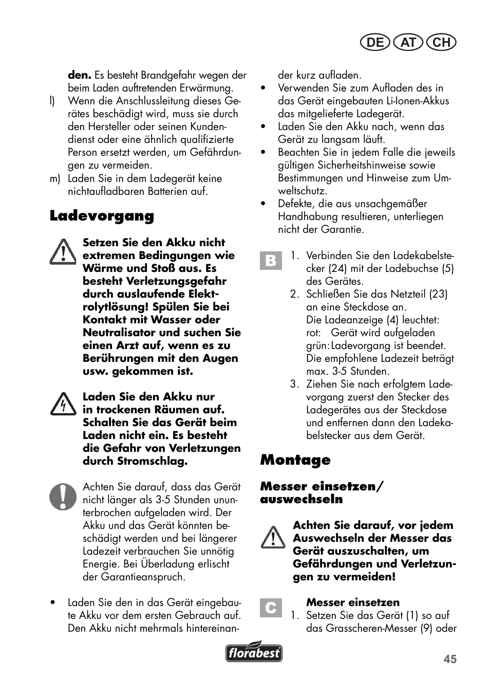 Ladevorgang, Montage, De at ch | Florabest FGS 72 A1 User Manual | Page 45 / 58