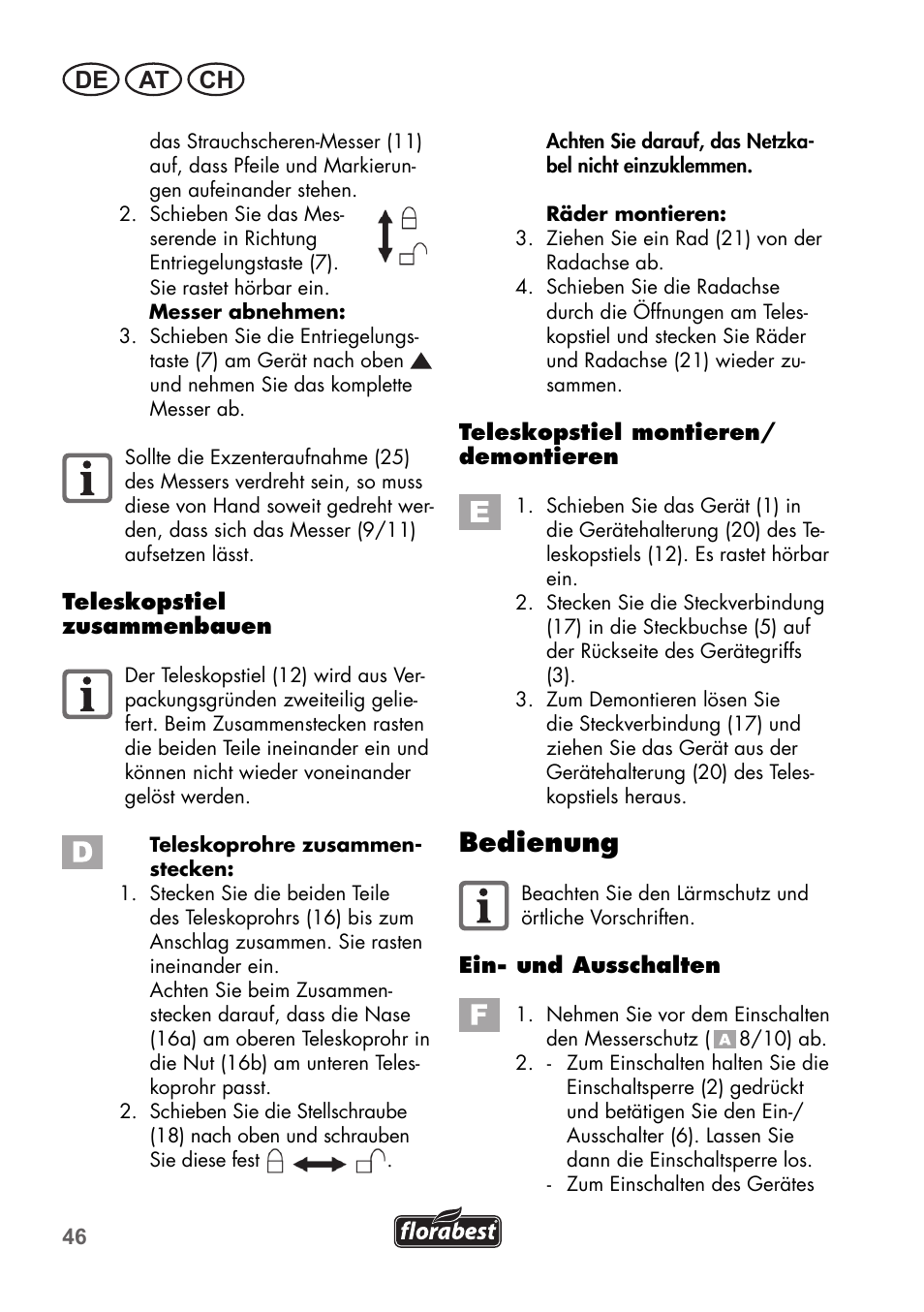 Bedienung, De at ch | Florabest FGS 72 A1 User Manual | Page 46 / 58