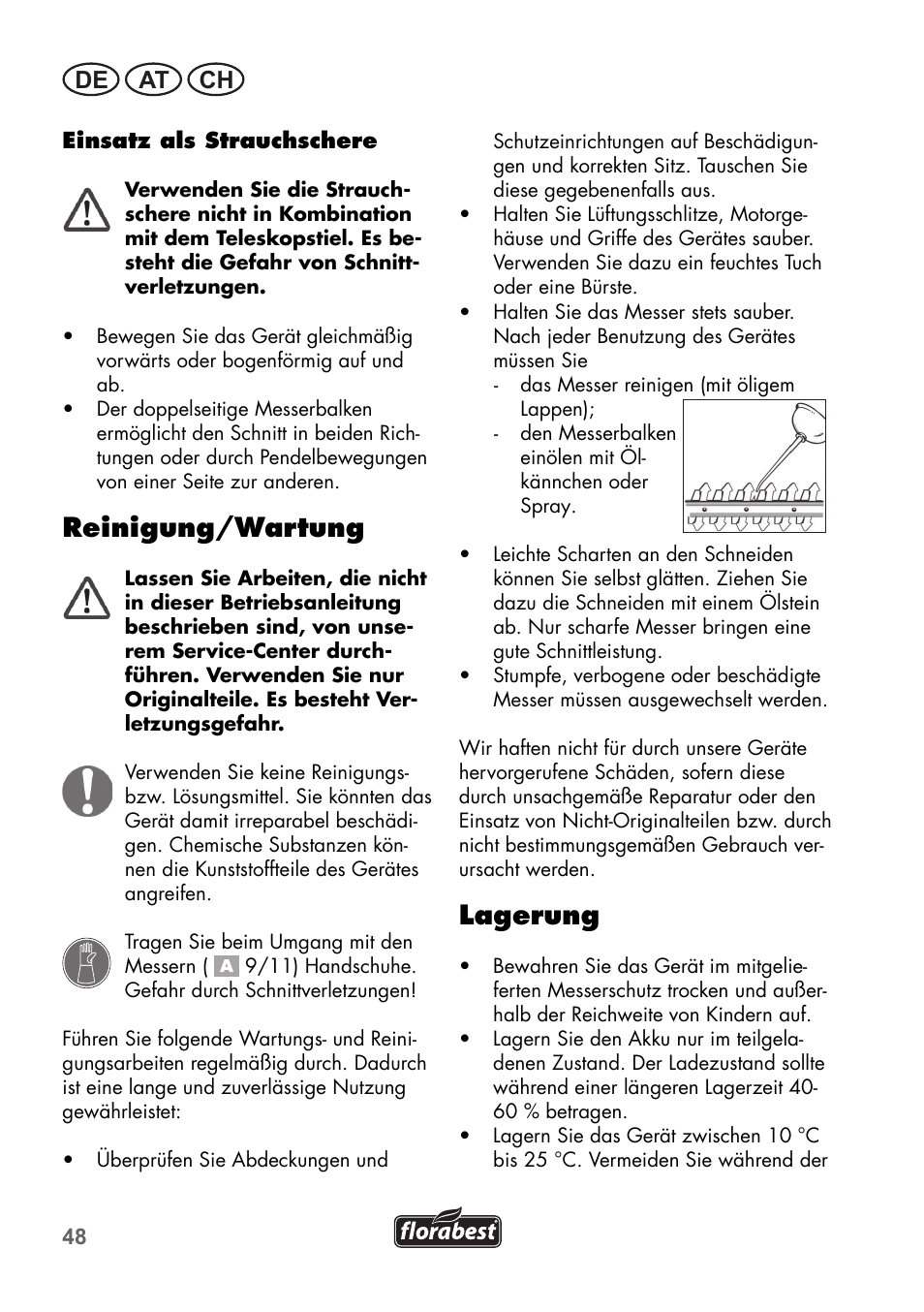 Reinigung/wartung, Lagerung, De at ch | Florabest FGS 72 A1 User Manual | Page 48 / 58