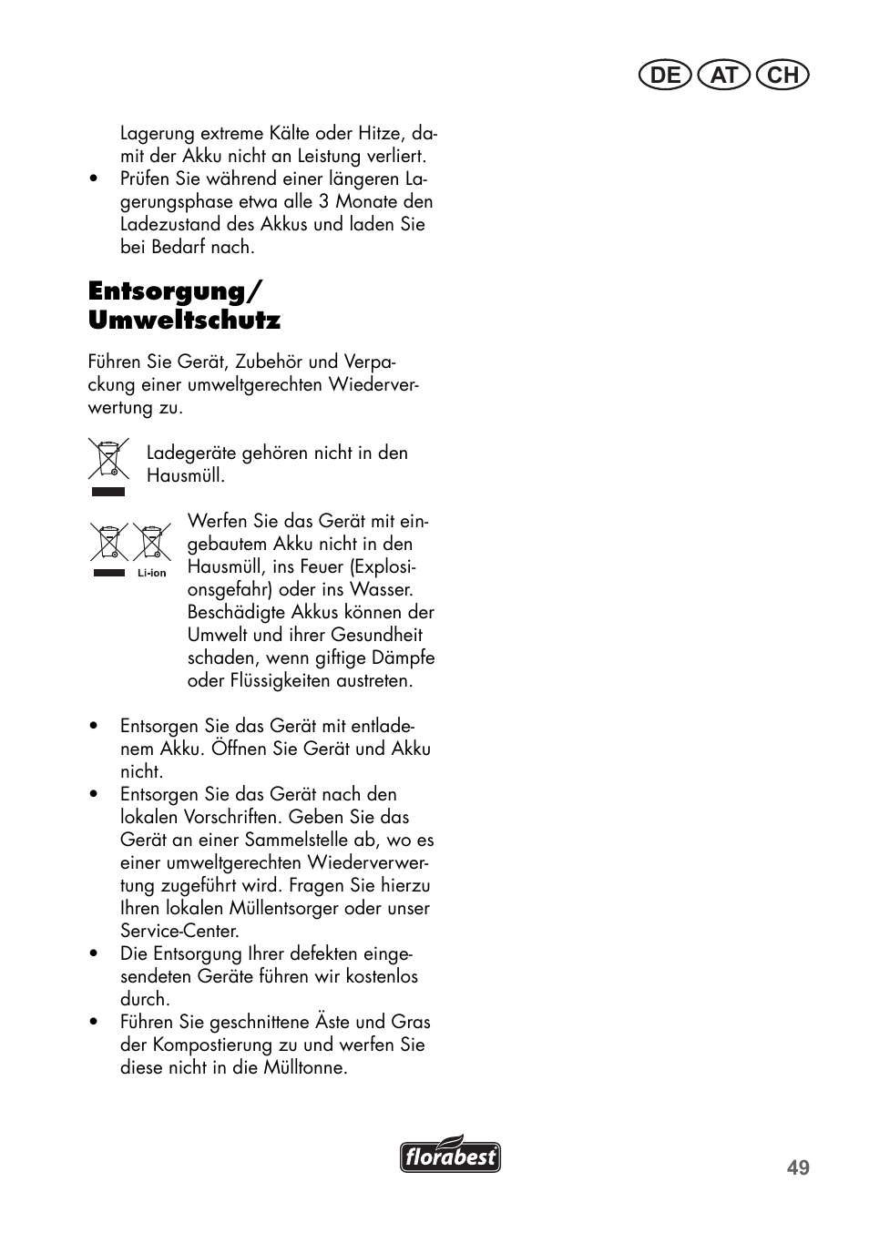 Entsorgung/ umweltschutz, De at ch | Florabest FGS 72 A1 User Manual | Page 49 / 58