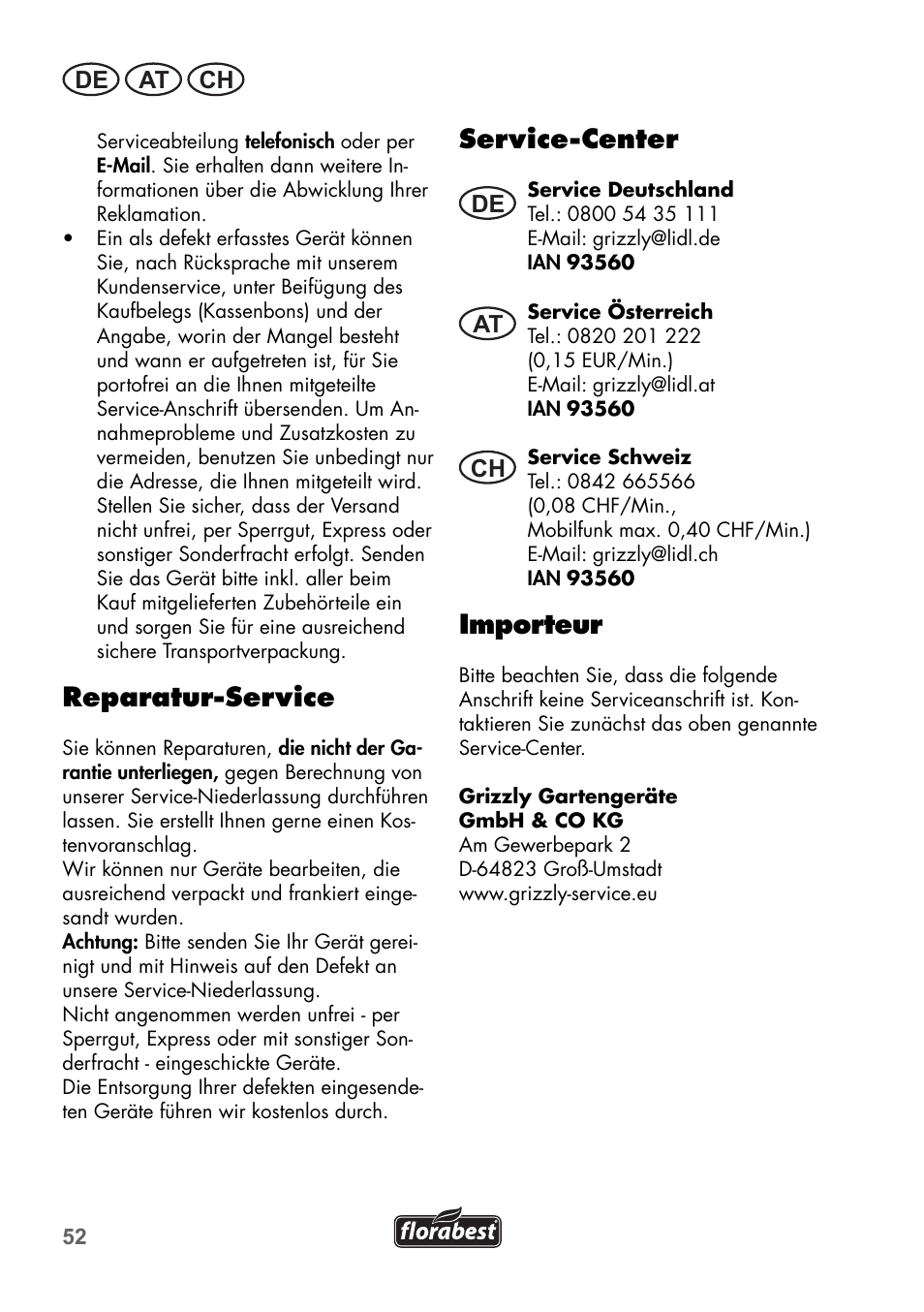 Reparatur-service, Service-center, Importeur | De at ch | Florabest FGS 72 A1 User Manual | Page 52 / 58