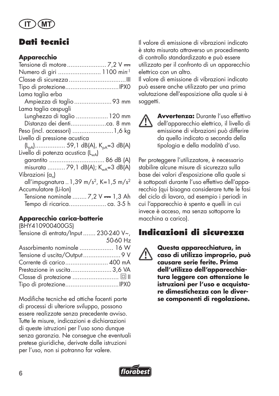 Dati tecnici, Indicazioni di sicurezza, It mt | Florabest FGS 72 A1 User Manual | Page 6 / 58