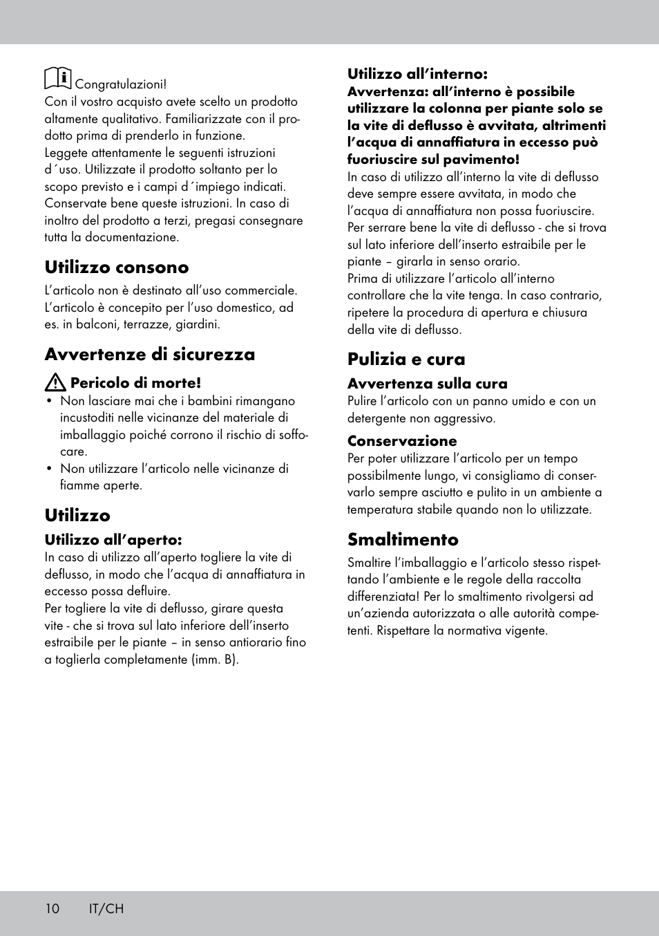 Utilizzo consono, Avvertenze di sicurezza, Utilizzo | Pulizia e cura, Smaltimento | Florabest GP-1790 User Manual | Page 10 / 16