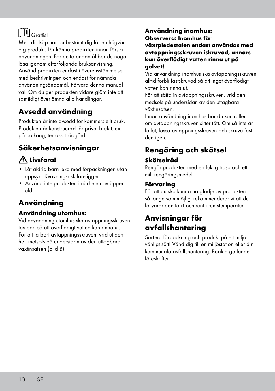 Avsedd användning, Säkerhetsanvisningar, Användning | Rengöring och skötsel, Anvisningar för avfallshantering | Florabest GP-1790 User Manual | Page 10 / 20