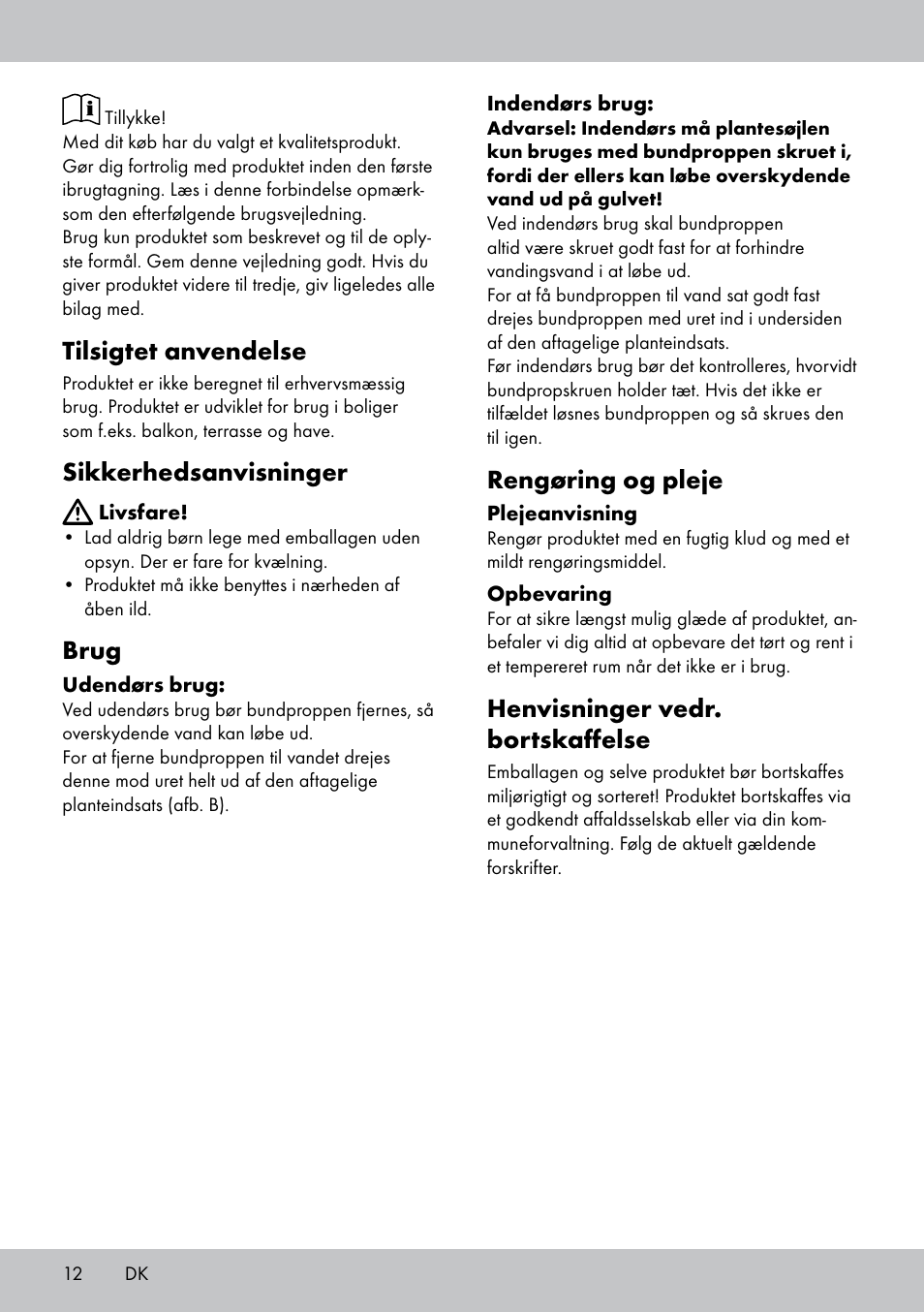 Tilsigtet anvendelse, Sikkerhedsanvisninger, Brug | Rengøring og pleje, Henvisninger vedr. bortskaffelse | Florabest GP-1790 User Manual | Page 12 / 20