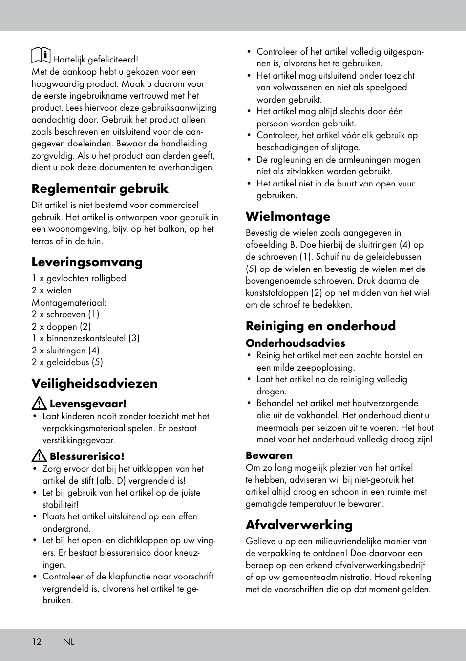 Reglementair gebruik, Leveringsomvang, Veiligheidsadviezen | Wielmontage, Reiniging en onderhoud, Afvalverwerking | Florabest GR-1598 User Manual | Page 12 / 16