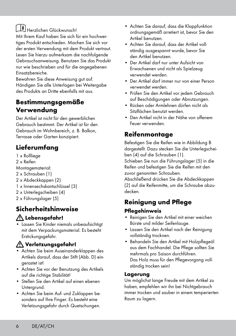 Bestimmungsgemäße verwendung, Lieferumfang, Sicherheitshinweise | Reifenmontage, Reinigung und pflege | Florabest GR-1598 User Manual | Page 6 / 16