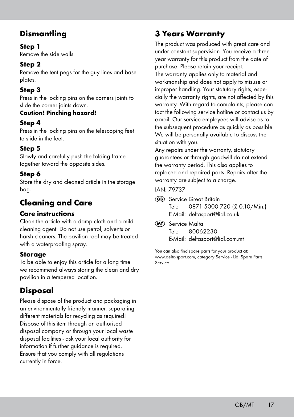 3 years warranty, Dismantling, Cleaning and care | Disposal | Florabest PA-1577 User Manual | Page 17 / 24
