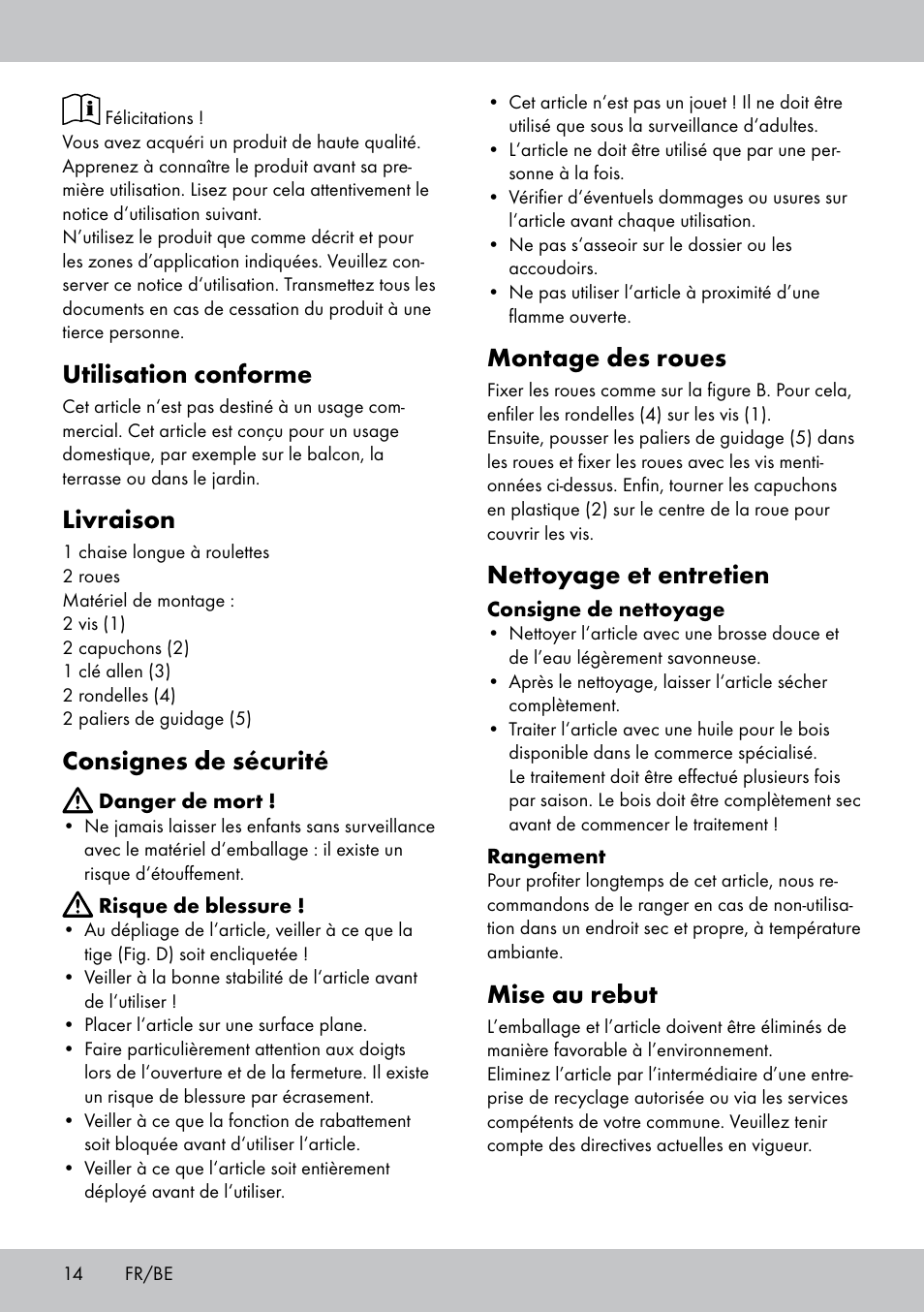 Utilisation conforme, Livraison, Consignes de sécurité | Montage des roues, Nettoyage et entretien, Mise au rebut | Florabest GR-1598 User Manual | Page 14 / 20