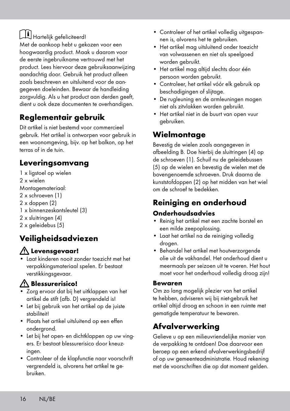 Reglementair gebruik, Leveringsomvang, Veiligheidsadviezen | Wielmontage, Reiniging en onderhoud, Afvalverwerking | Florabest GR-1598 User Manual | Page 16 / 20