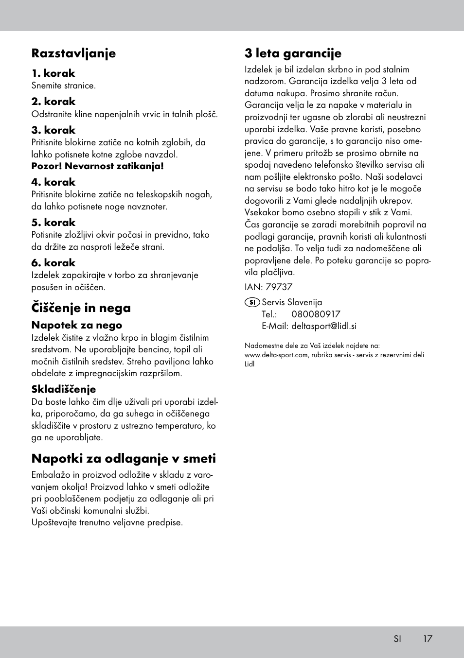 3 leta garancije, Razstavljanje, Čiščenje in nega | Napotki za odlaganje v smeti | Florabest PA-1577 User Manual | Page 17 / 30