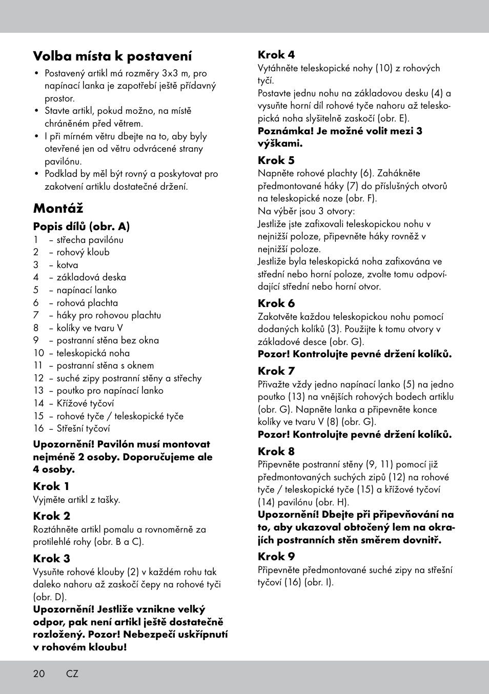 Volba místa k postavení, Montáž | Florabest PA-1577 User Manual | Page 20 / 30