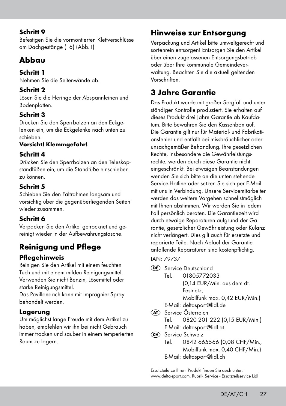 Hinweise zur entsorgung, 3 jahre garantie, Abbau | Reinigung und pflege | Florabest PA-1577 User Manual | Page 27 / 30