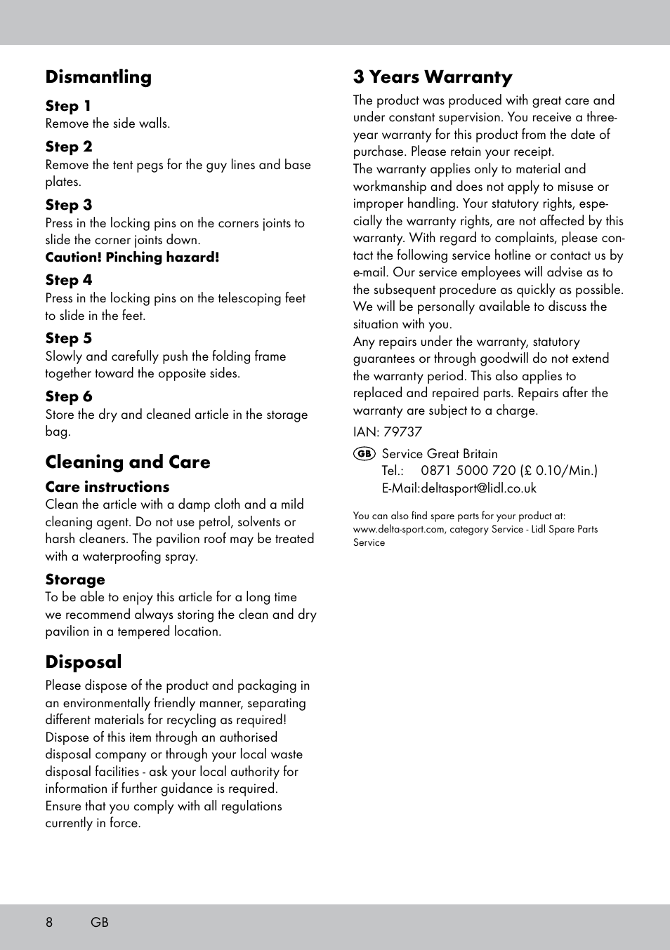 3 years warranty, Dismantling, Cleaning and care | Disposal | Florabest PA-1577 User Manual | Page 8 / 30