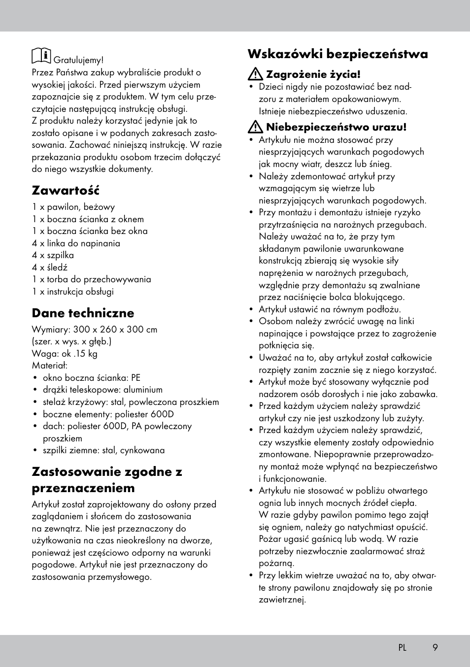 Zawartość, Dane techniczne, Zastosowanie zgodne z przeznaczeniem | Wskazówki bezpieczeństwa | Florabest PA-1577 User Manual | Page 9 / 30