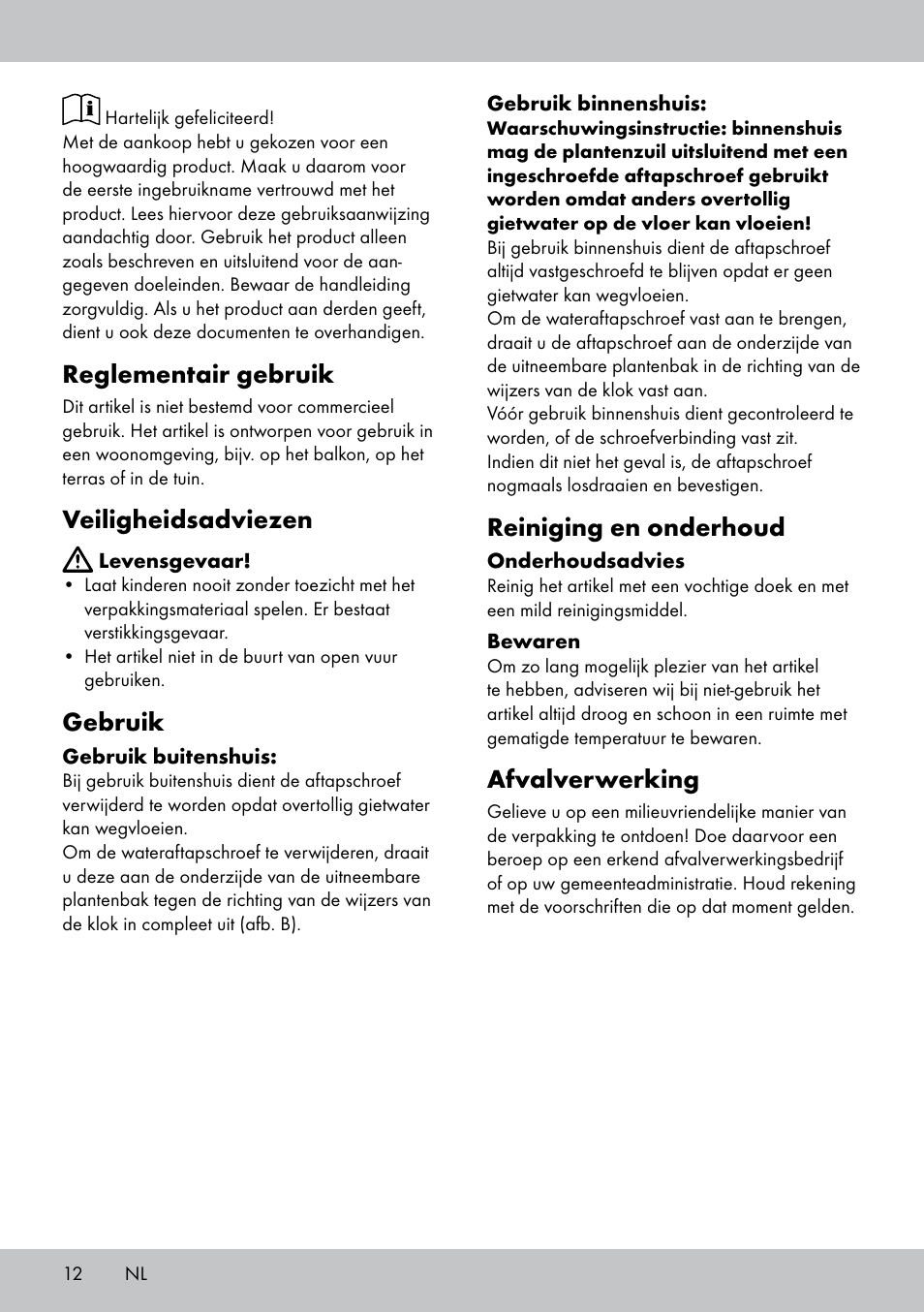 Reglementair gebruik, Veiligheidsadviezen, Gebruik | Reiniging en onderhoud, Afvalverwerking | Florabest GP-1717 User Manual | Page 12 / 16