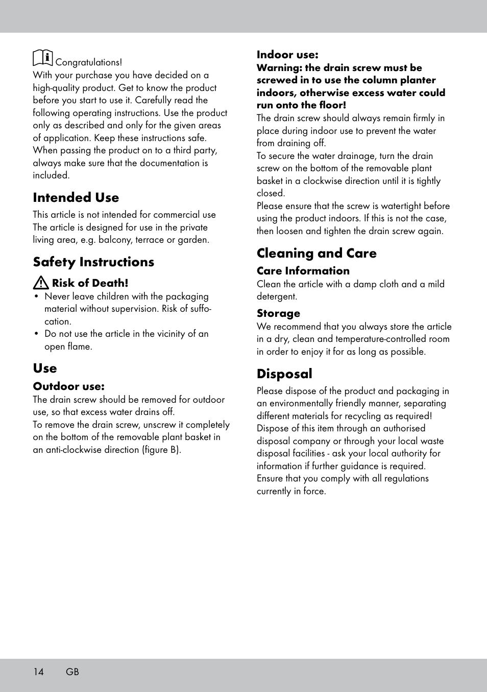 Intended use, Safety instructions, Cleaning and care | Disposal | Florabest GP-1717 User Manual | Page 14 / 16