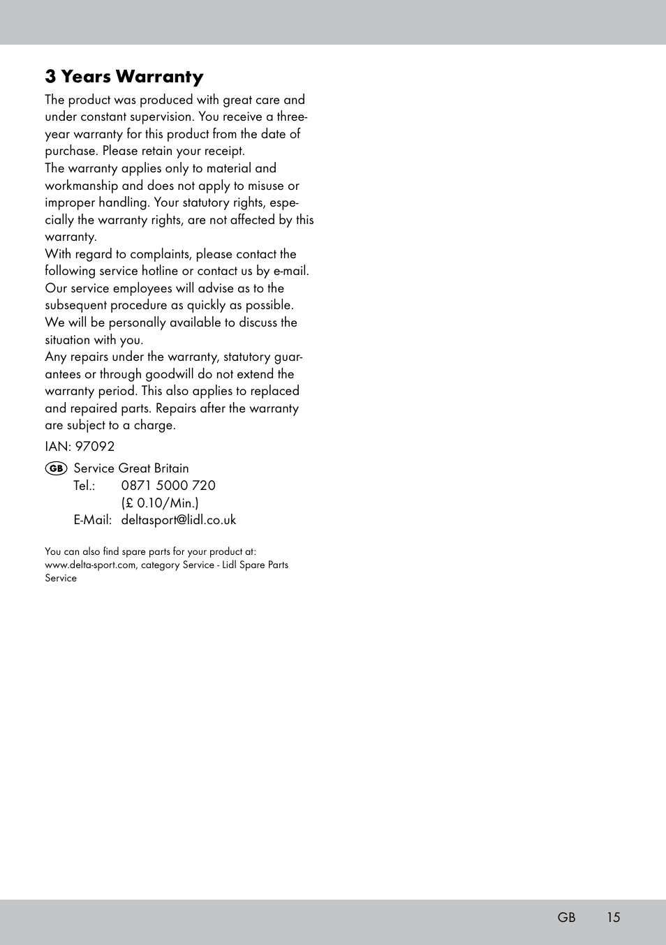3 years warranty | Florabest GP-1717 User Manual | Page 15 / 16